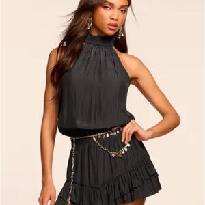 Remy Brook Embellished Collar Black Silk Halter Mini Dress